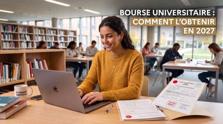 Étudiante préparant son dossier pour obtenir une bourse universitaire en 2027 afin de financer ses études à l'étranger.