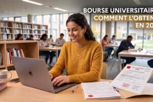 Étudiante préparant son dossier pour obtenir une bourse universitaire en 2027 afin de financer ses études à l'étranger.