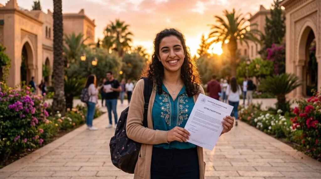 Étudiante souriante tenant une lettre d'acceptation, illustrant la réussite d'une candidature à une bourse universitaire.