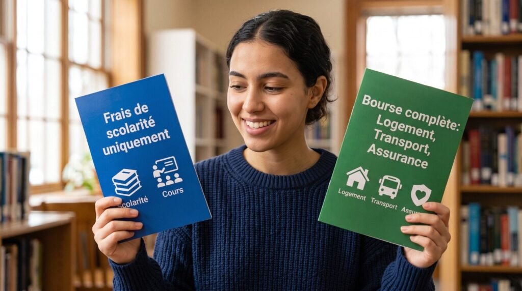Étudiante comparant deux types de financement : bourse couvrant uniquement les frais de scolarité ou bourse complète incluant logement, transport et assurance.