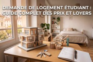 Maquette de logement étudiant avec clés et symbole euro illustrant les prix et loyers des logements étudiants.