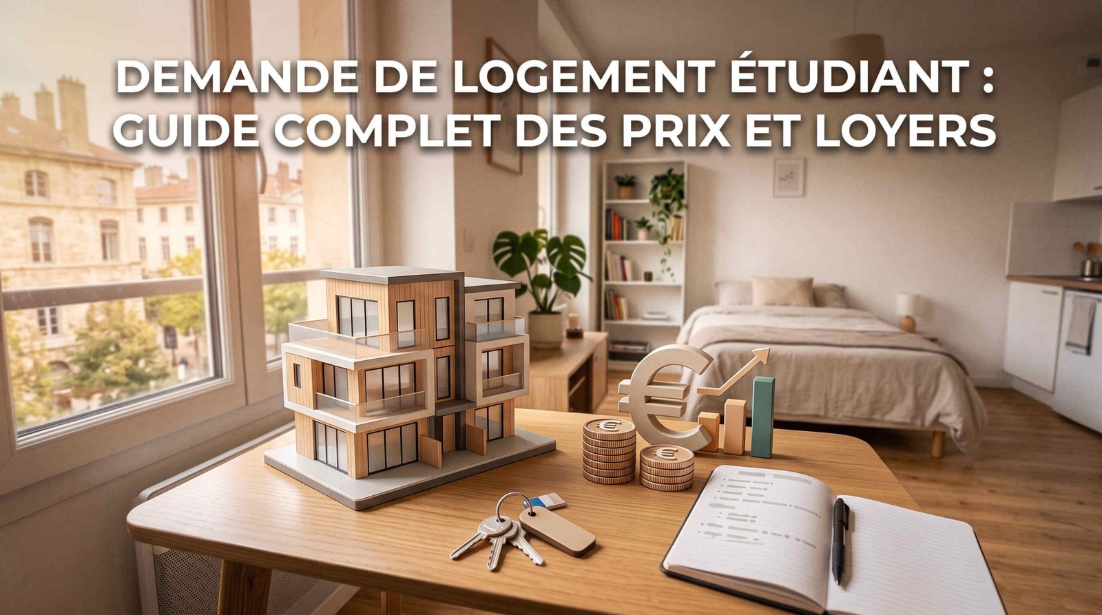 Maquette de logement étudiant avec clés et symbole euro illustrant les prix et loyers des logements étudiants.