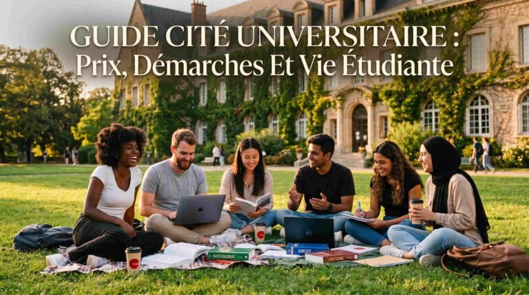 Groupe d'étudiants multiculturels assis sur l'herbe d'un campus universitaire historique, discutant et révisant avec des ordinateurs portables et des livres devant une grande bâtisse en pierre.