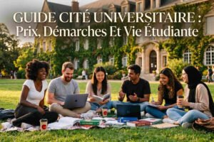 Groupe d'étudiants multiculturels assis sur l'herbe d'un campus universitaire historique, discutant et révisant avec des ordinateurs portables et des livres devant une grande bâtisse en pierre.